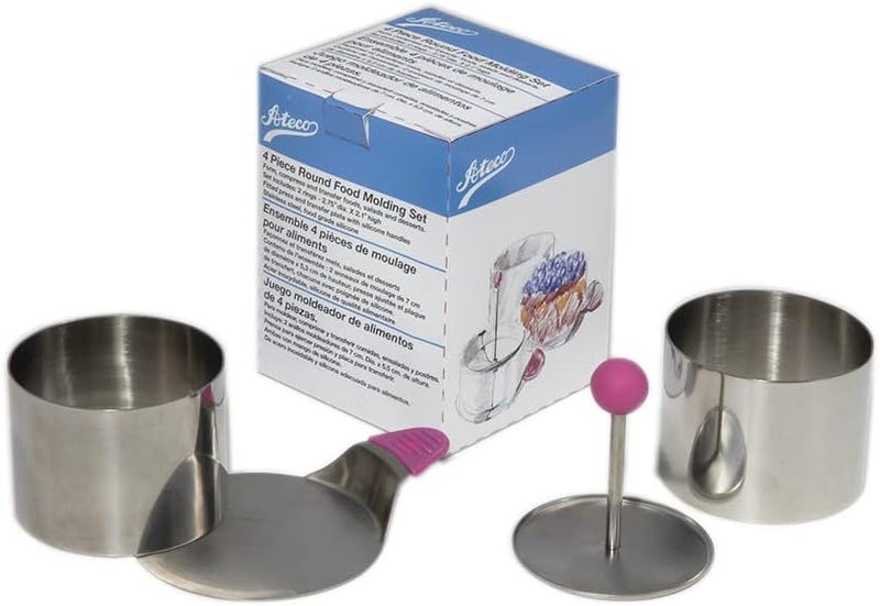 Round Food Molding Set, 2.75 by 2.1-Inches High, 4-Piece Set Includes 2 Rings, Fitted Press & Transfer Plate